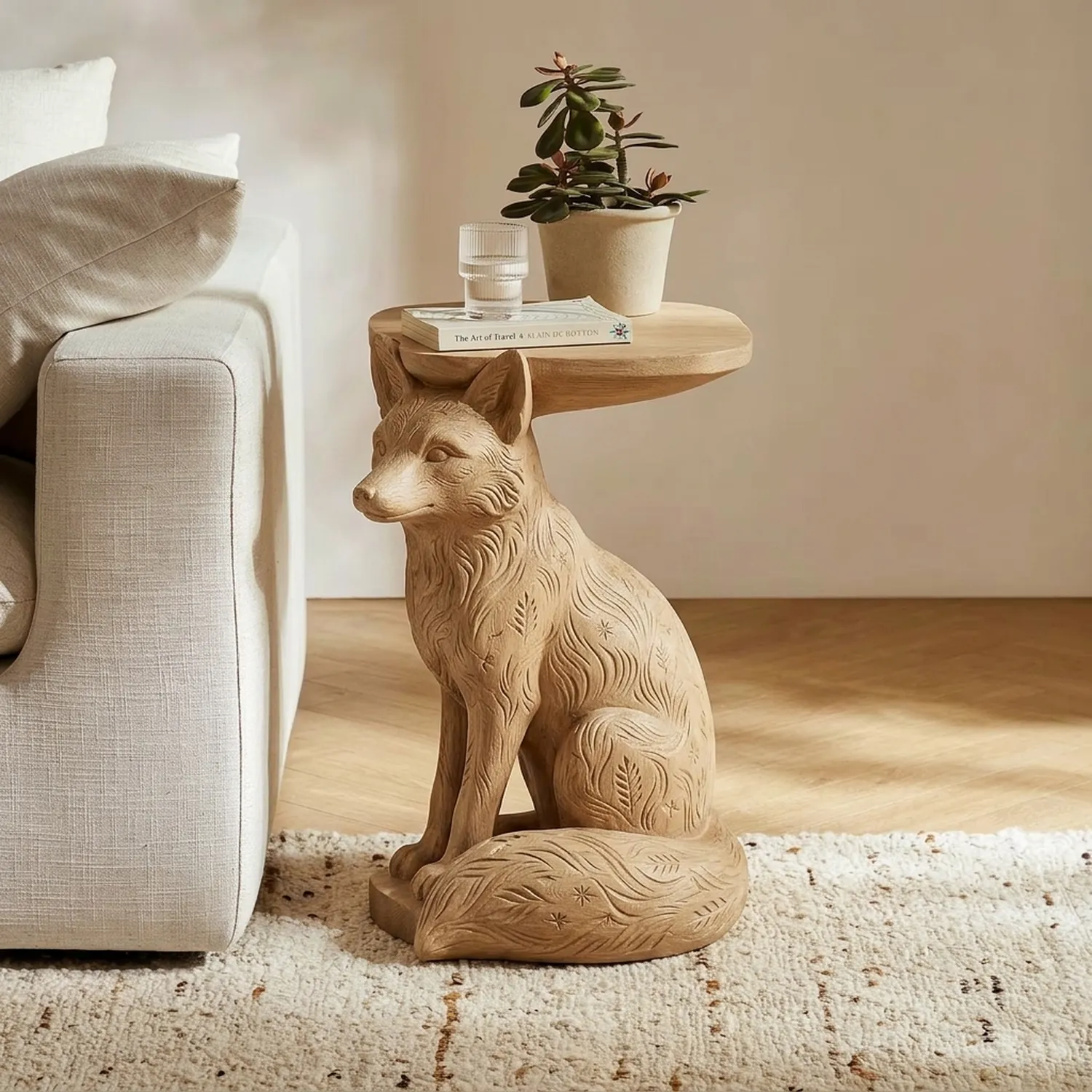 Wooden Fox Shaped Side Table Forest Wildlife Silhouette Decorative Furniture