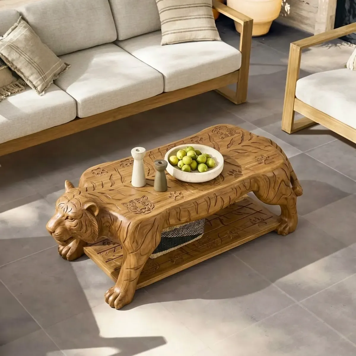 Wooden Tiger Shaped Coffee Table Majestic Wildlife Silhouette Wood Furniture