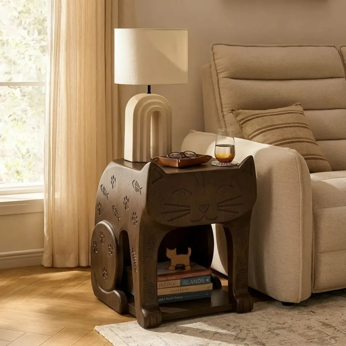 Wooden Cat Silhouette Side Table Pet Inspired Artistic Wood End Table