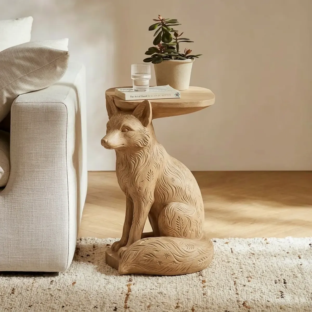 Wooden Fox Shaped Side Table Forest Wildlife Silhouette Decorative Furniture