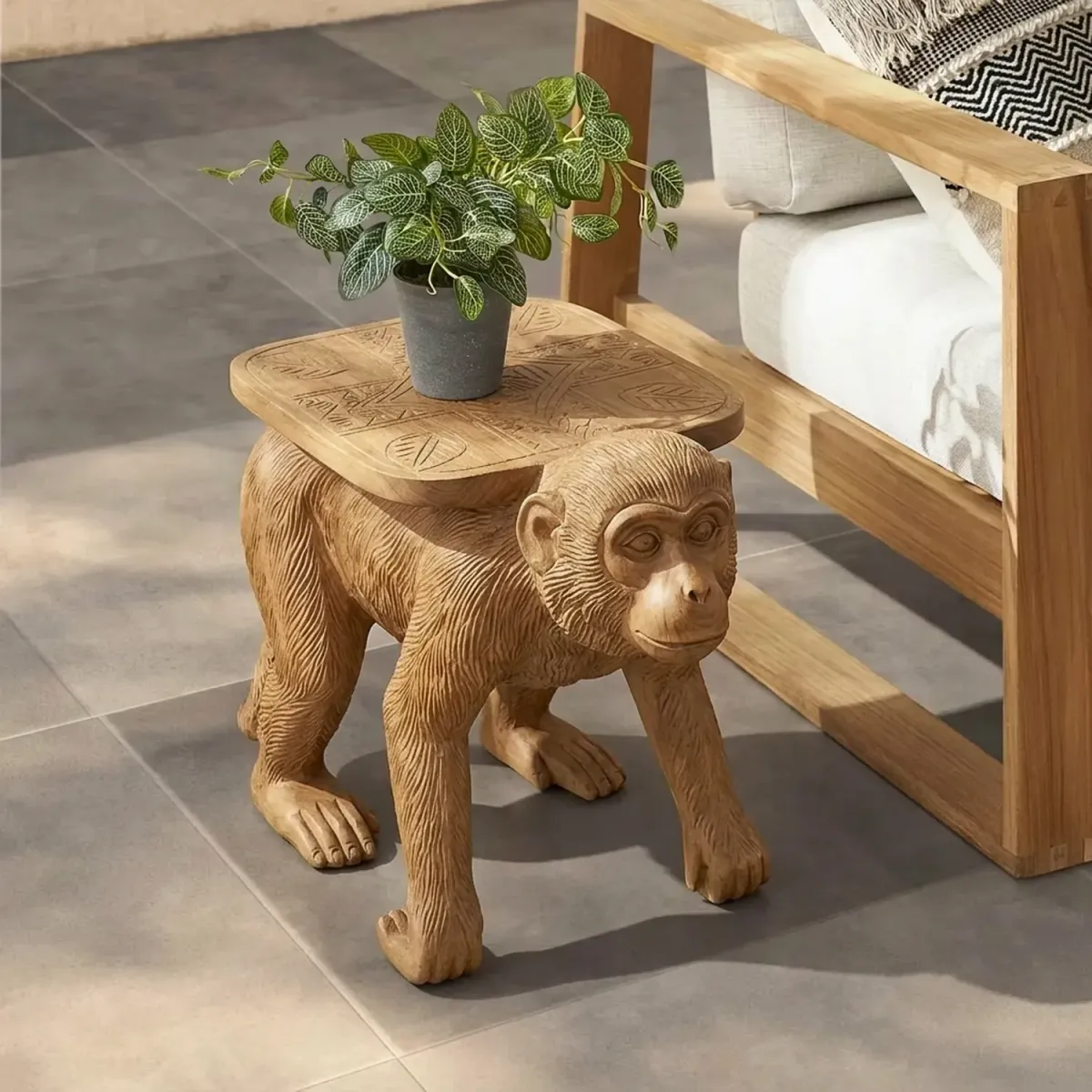 Wooden Monkey Side Table Whimsical Animal Silhouette Decorative Accent Table